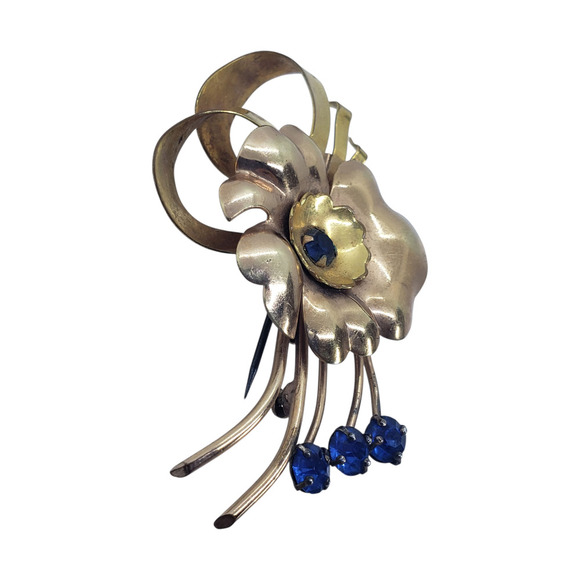 Vintage 1/20 12K Gold Filled Floral Brooch 3D Blue Rhinestones Two Harry Iskin - Picture 3 of 10